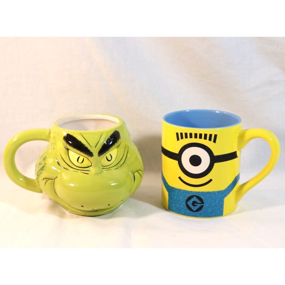 Cartoon Coffee Mugs Lot Grinch Minion Cute Each Cup Is 11 Oz. Set Of 2 Preowned